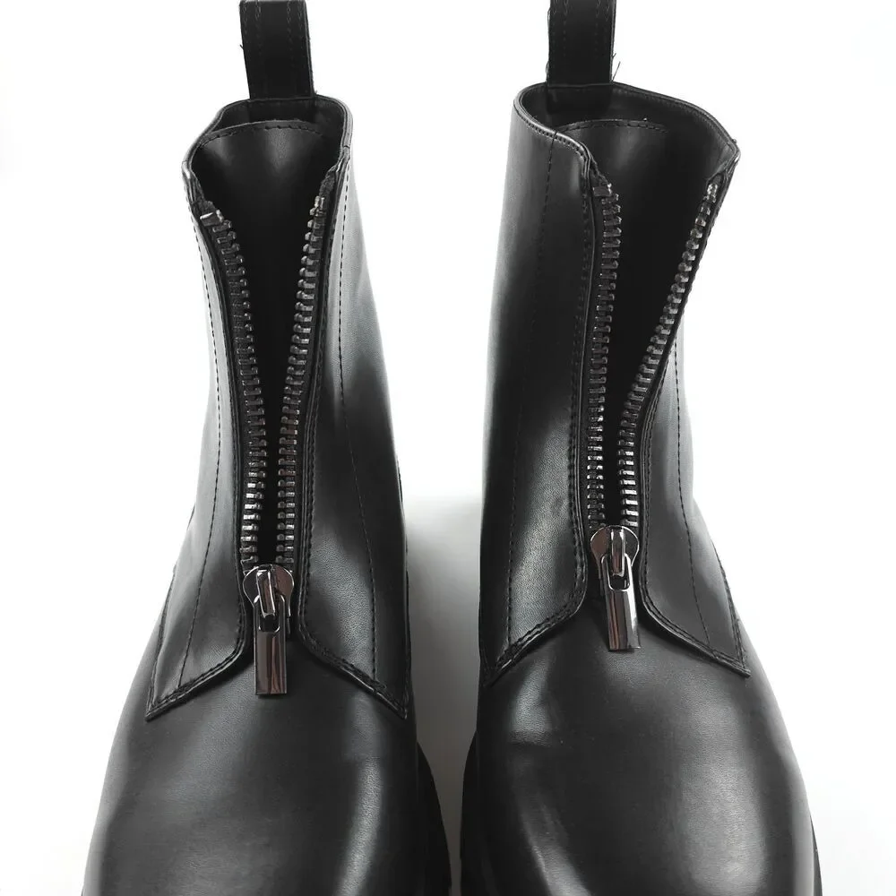 ZARA 100% Leather Lug Sole Zip Front Combat Boots Black Y2k Goth Grunge Indie